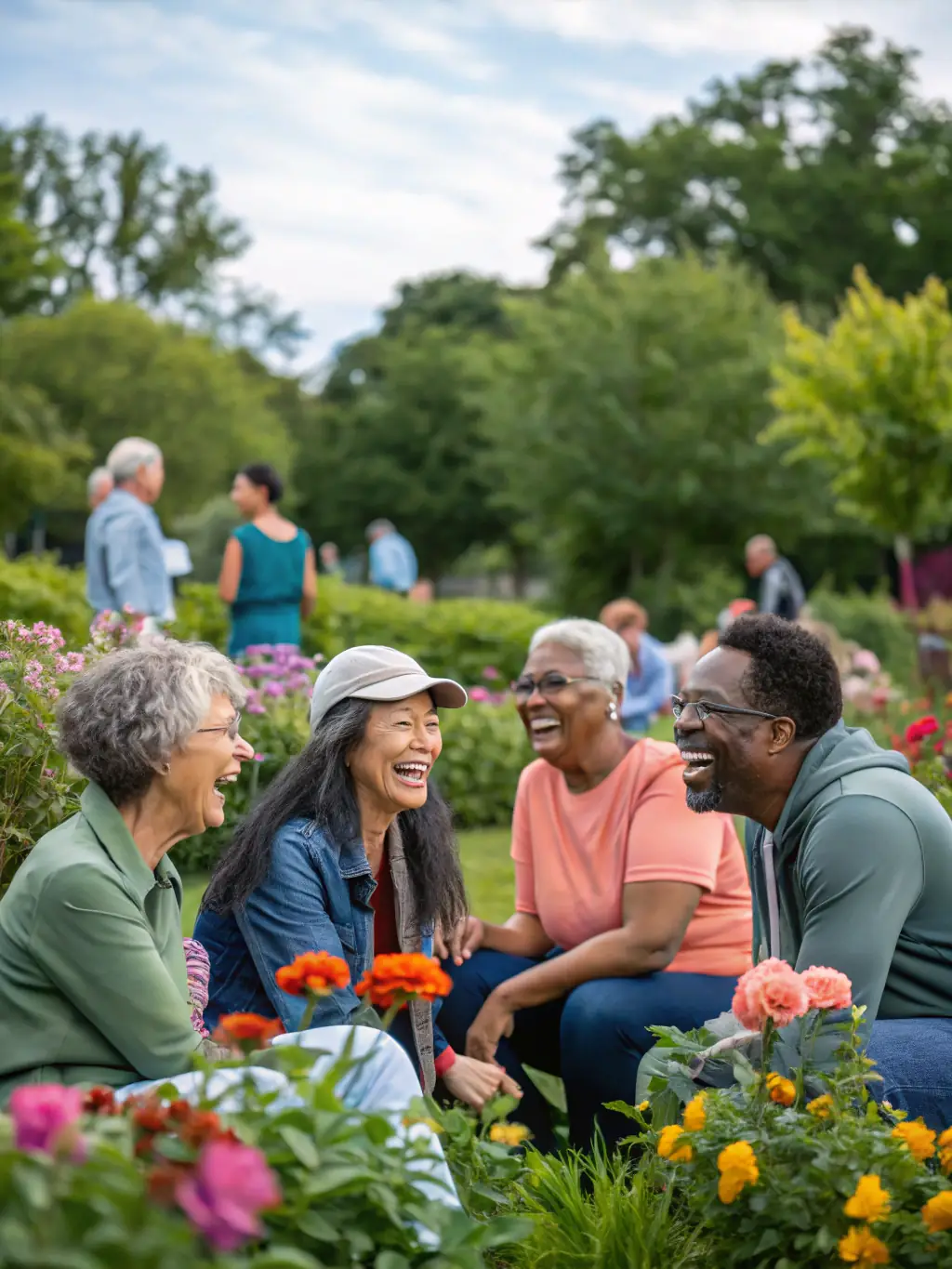 A group of older adults laughing and socializing after a walking club session in a scenic natural setting.