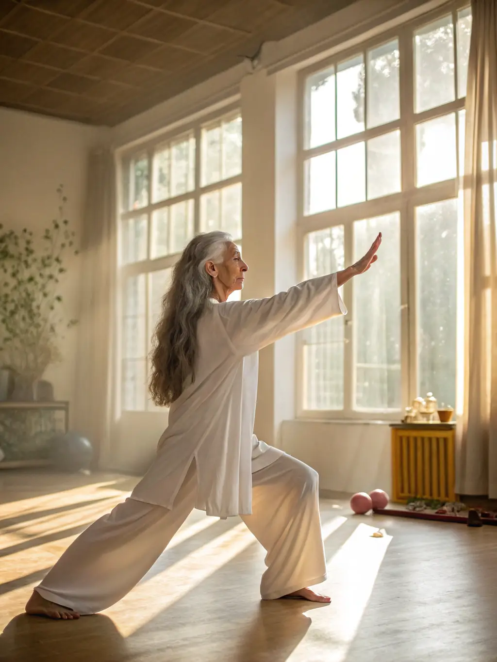 Seniors practicing Tai Chi in a park, with a serene and focused expression. The instructor is demonstrating a slow, deliberate movement.