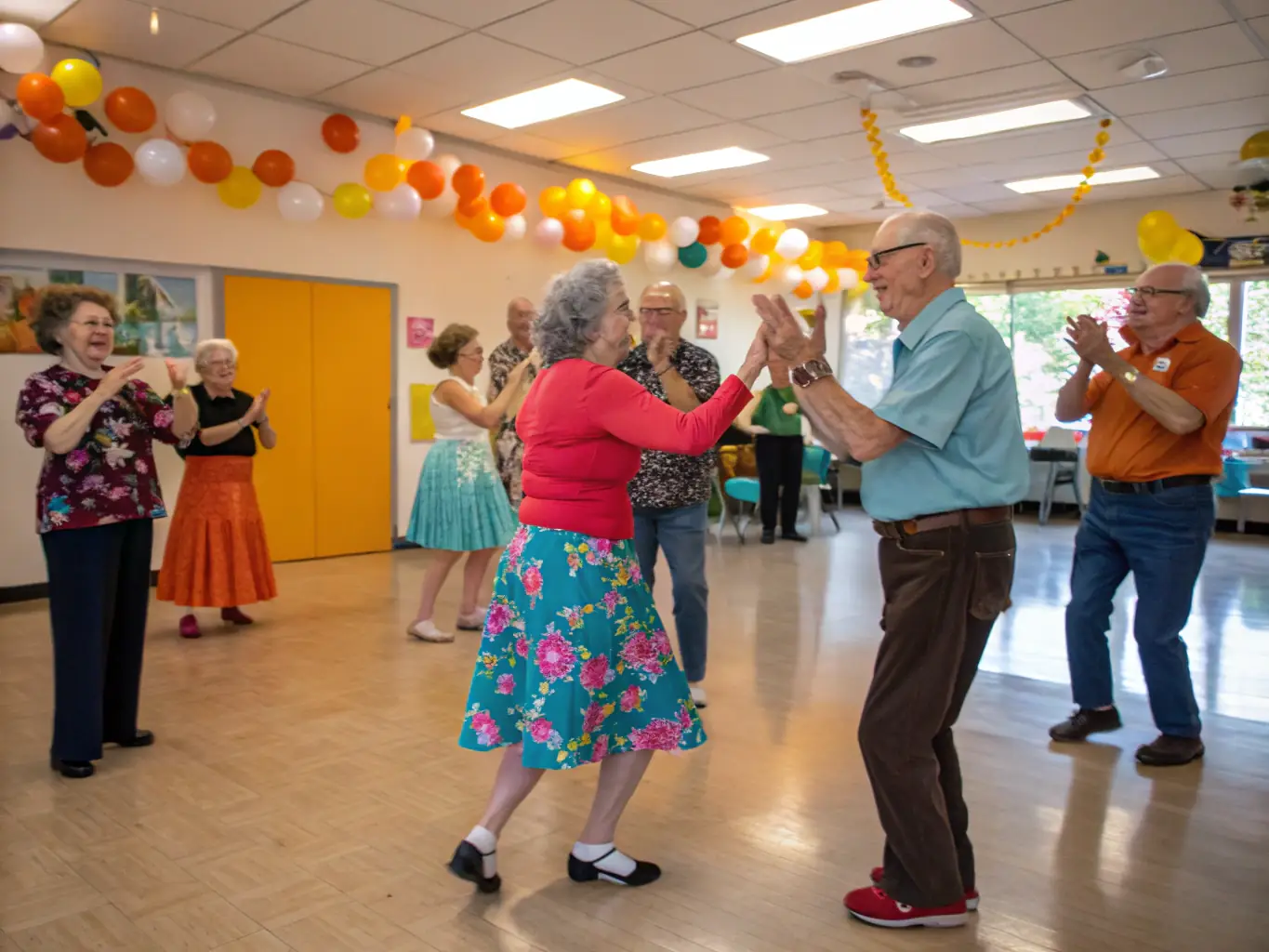 A group of older adults participating in a dance class, laughing and enjoying the music, highlighting the fun and social aspects of the activity.