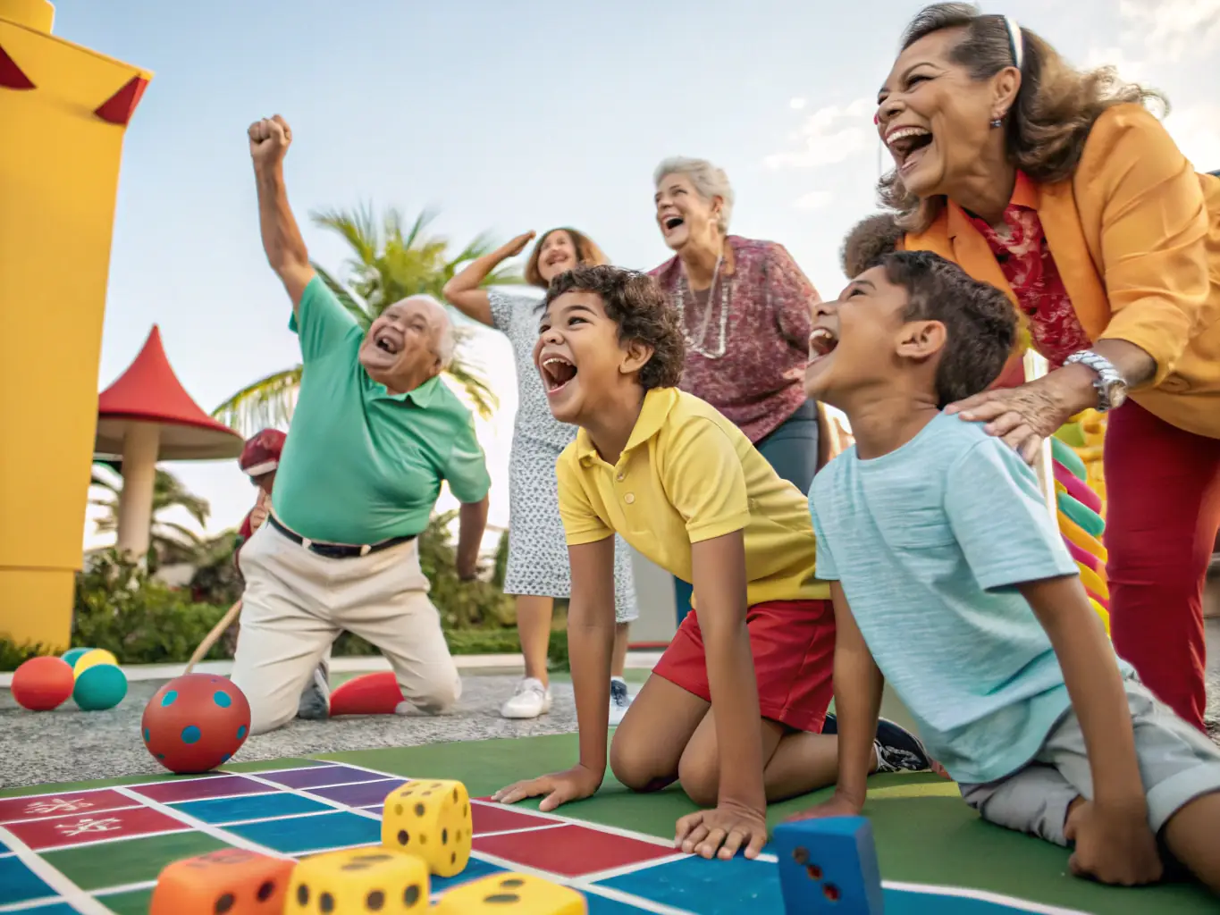A photograph capturing an intergenerational event where seniors are teaching younger people traditional games, highlighting the connection between generations.