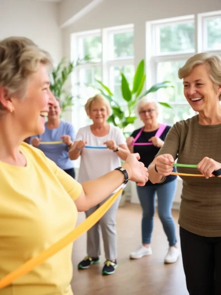 A group of seniors participating in a low-impact aerobics class indoors, led by an instructor. They are using light weights and resistance bands.