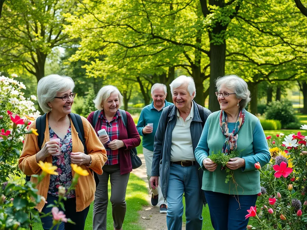A group of older adults enjoying a brisk walk in a park, surrounded by trees and greenery. They are chatting and laughing, showcasing the social aspect of the activity. The scene emphasizes community and outdoor enjoyment.