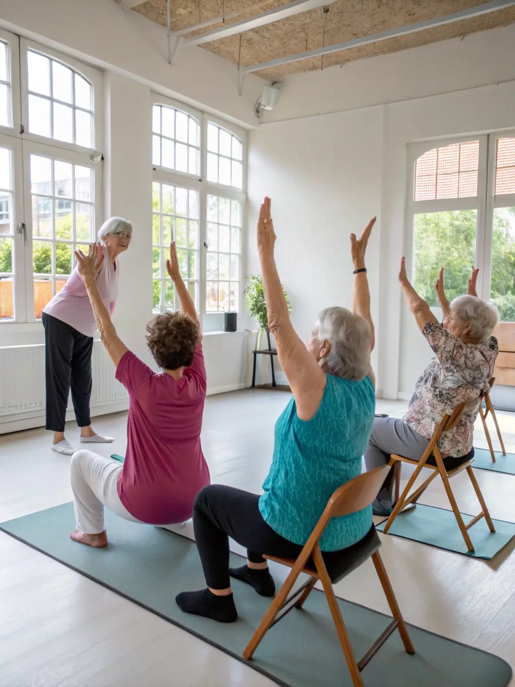 Seniors participating in a chair yoga class, adapting poses to their individual abilities with the support of chairs.