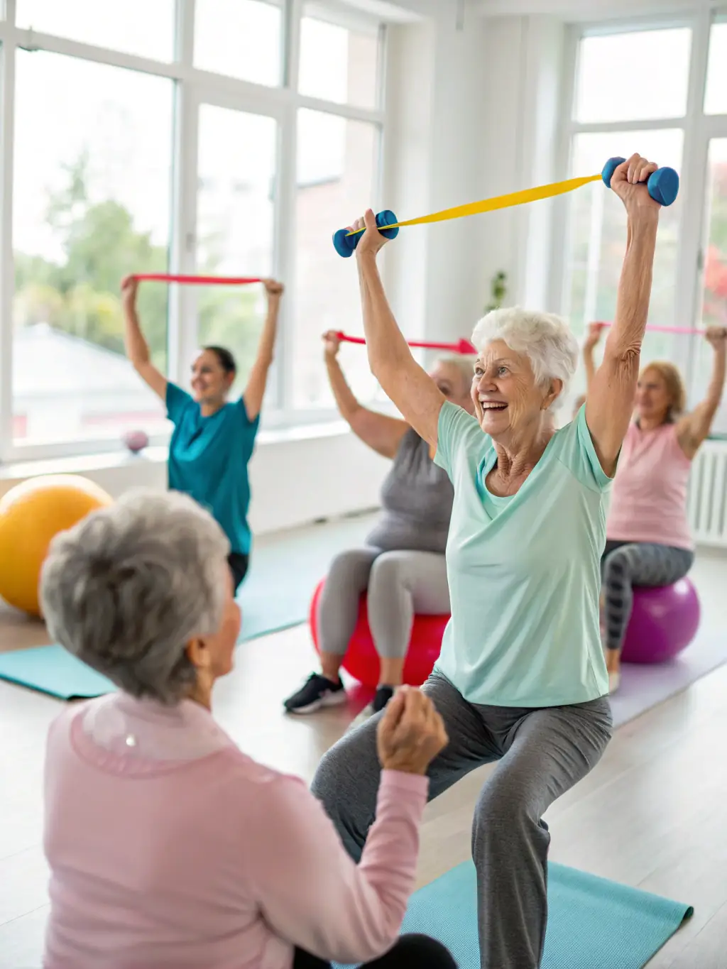 A group of older adults participating in a low-impact aerobics class indoors, led by an instructor. They are smiling and appear to be enjoying the exercise.