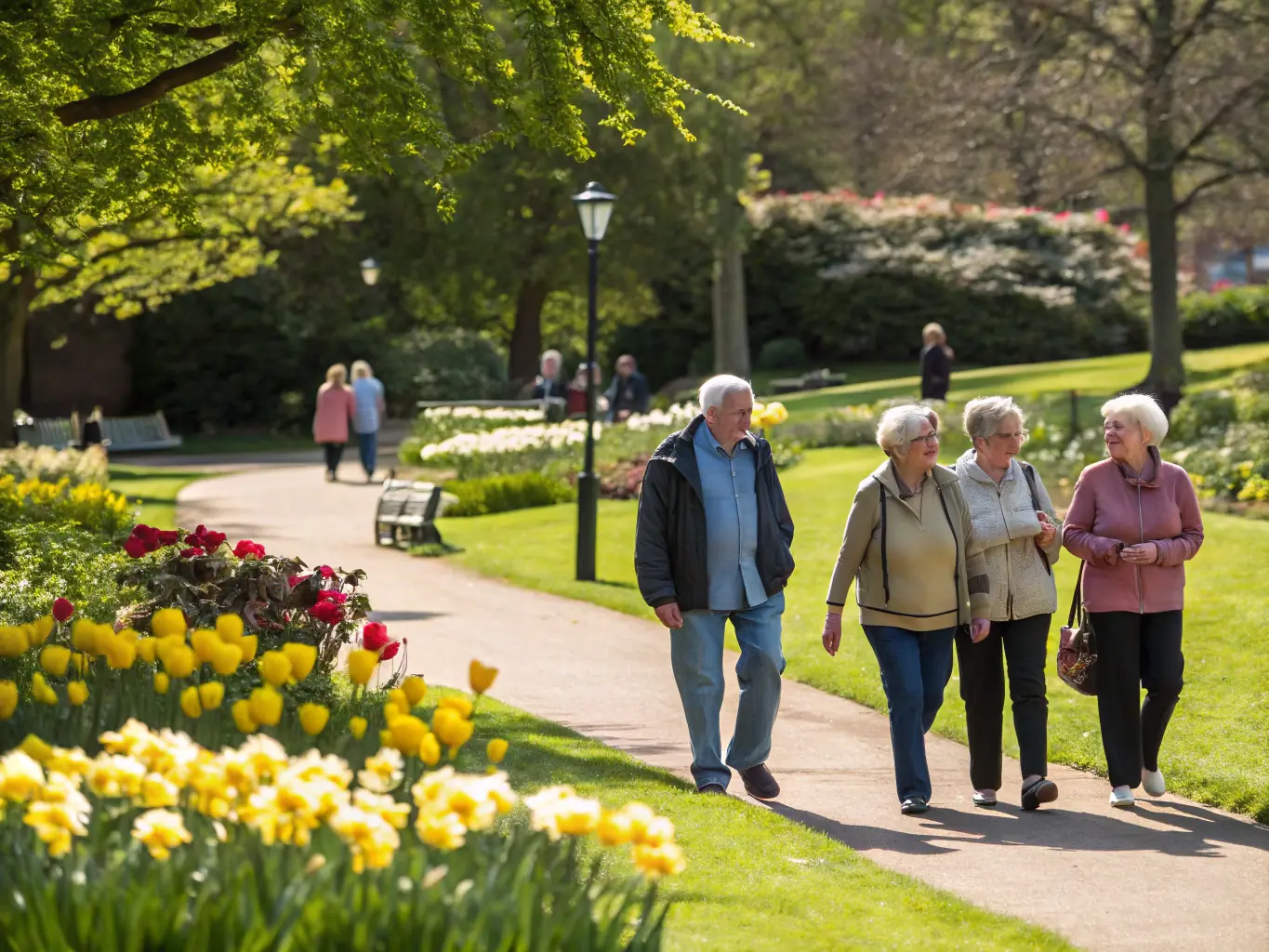 A group of seniors enjoying a guided walking tour through a scenic park, emphasizing the social and physical benefits of outdoor activity.