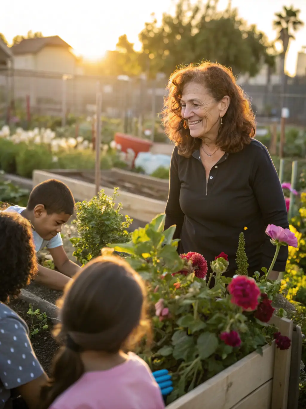 A senior woman happily gardening in a community garden, surrounded by plants and other seniors.