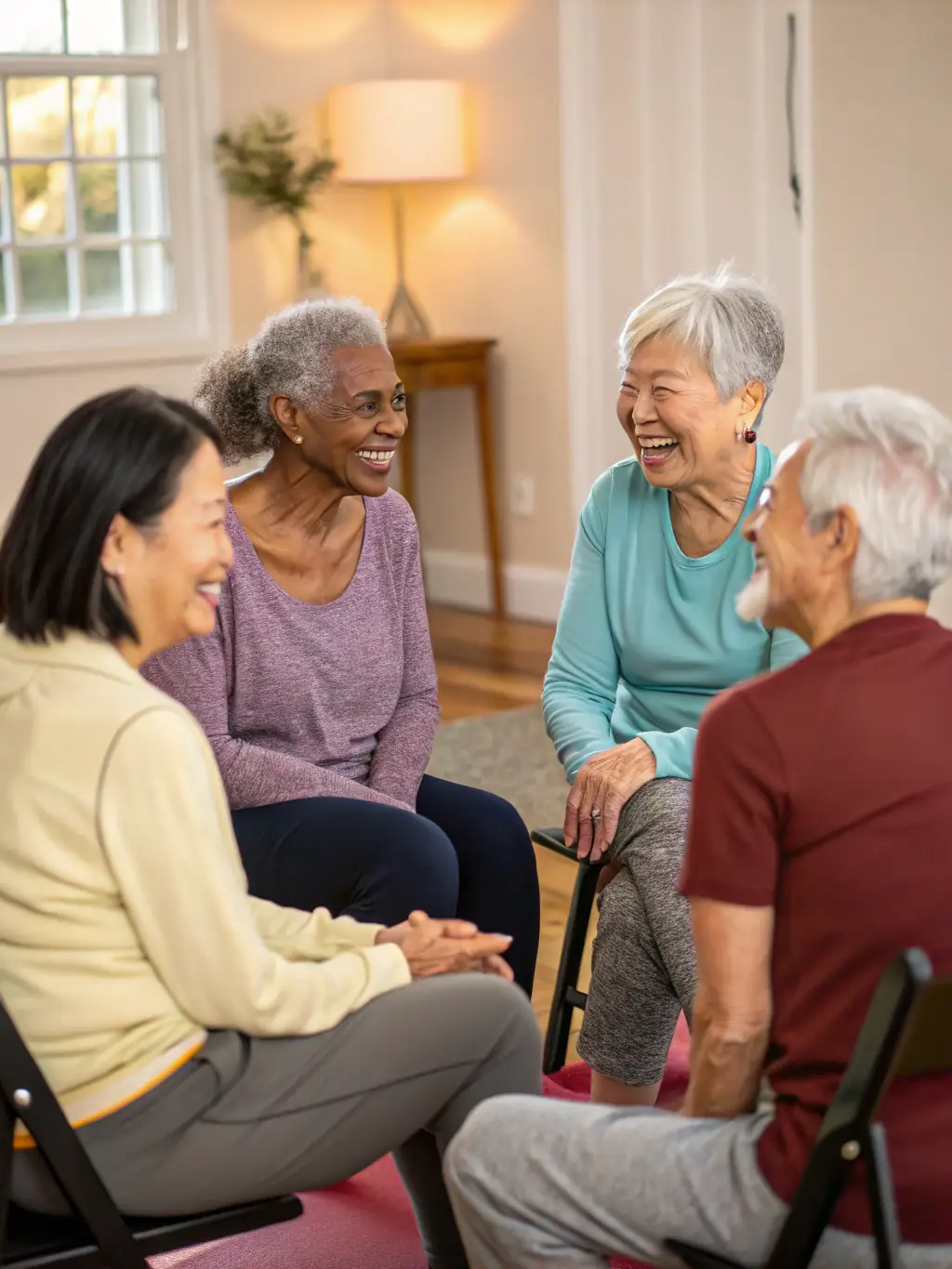 A group of seniors laughing and talking together after a fitness class, enjoying each other's company.