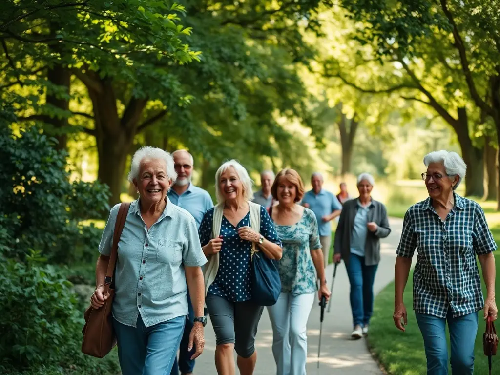 A diverse group of older adults laughing and interacting during a social walking group in a scenic natural setting, emphasizing the social benefits of staying active.