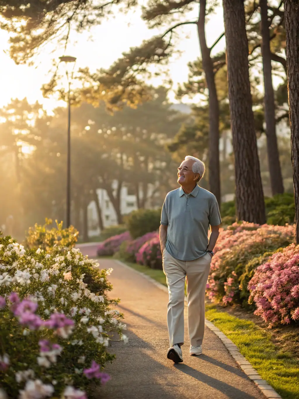 An older man confidently walking on a nature trail with walking sticks, enjoying the scenery and fresh air.