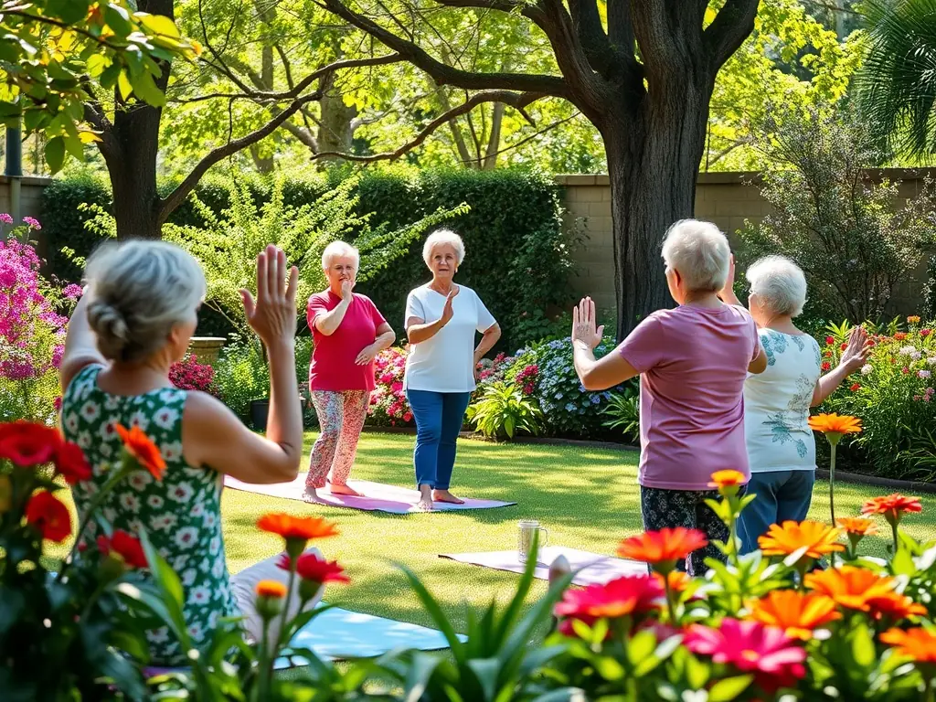 A group of seniors participating in a gentle yoga class in a sunny, spacious studio. They are smiling and appear relaxed, with an instructor guiding them through the poses. The scene emphasizes flexibility and relaxation.