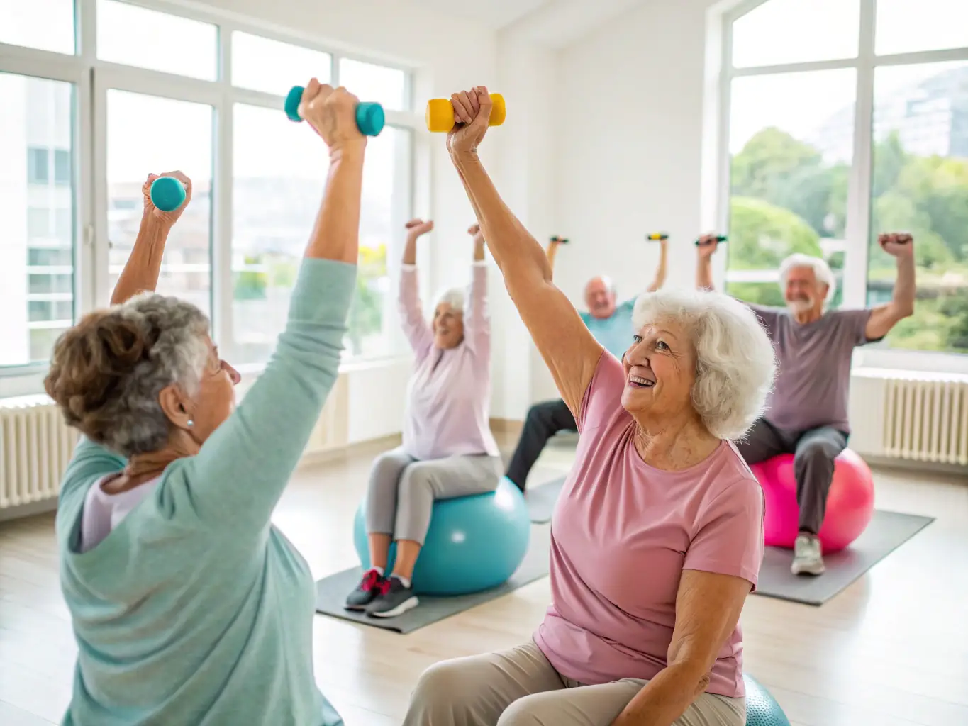 Seniors participating in a low-impact aerobics class, led by an instructor. They are using light weights and resistance bands, focusing on strength and endurance. The scene emphasizes fitness and energy.