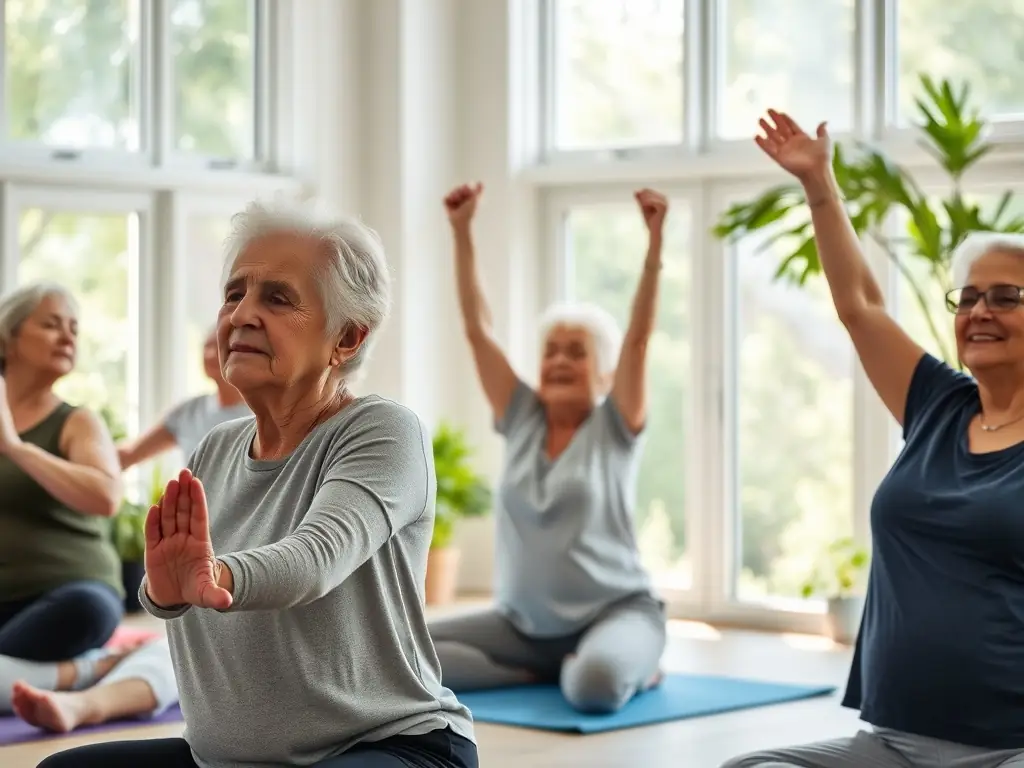 A group of older adults participating in a gentle yoga class in a sunny, spacious studio, focusing on flexibility and relaxation, with an instructor guiding them.