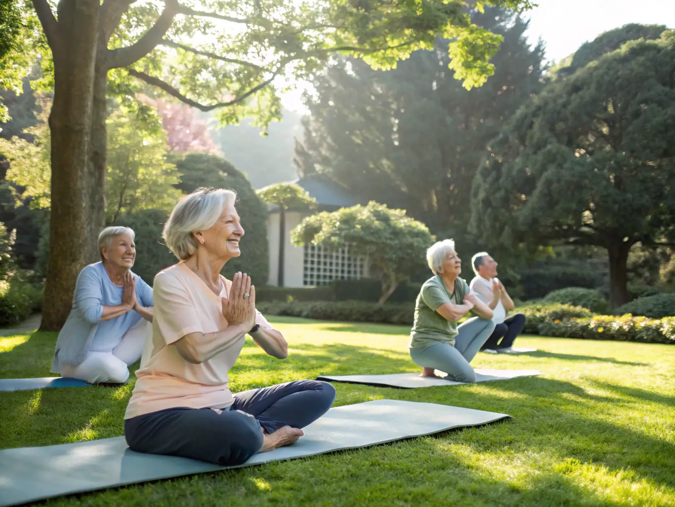A group of seniors participating in a gentle yoga class in a sunny park, focusing on flexibility and balance, with an instructor guiding them.